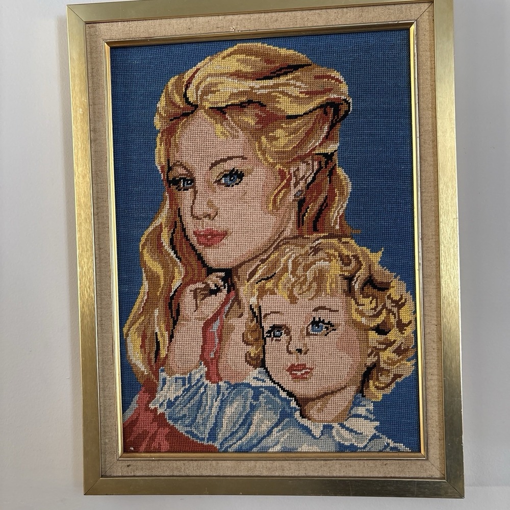 Mother and child Needlepoint Tapestry Framed Blonde Blue Eyes 18x23" Large VTG